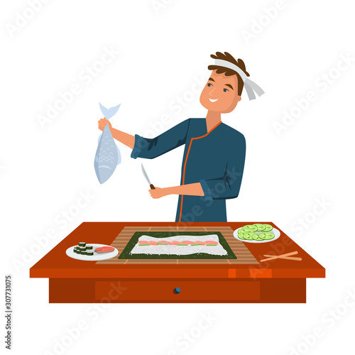 Man cook cutting raw fish for making sushi vector illustration