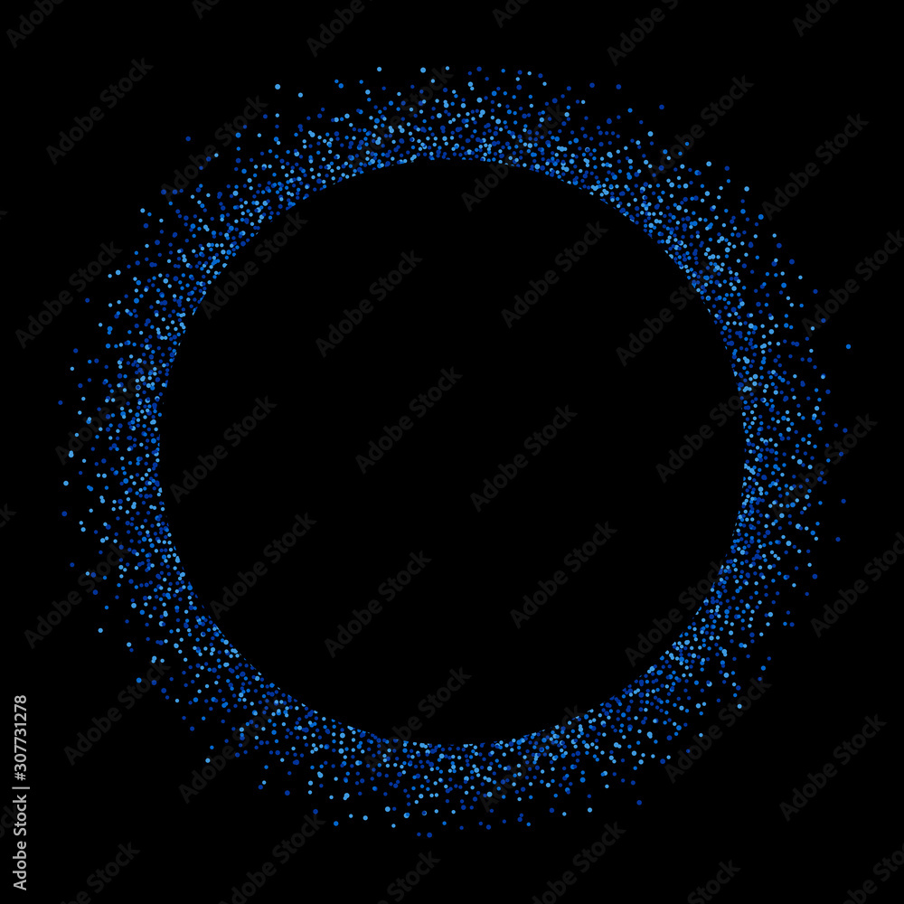 Blue confetti circle frame or shiny glitter particles background. Vector blue dots design backdrop Blue confetti circle frame or shiny glitter particles background. Vector blue dots design backdrop