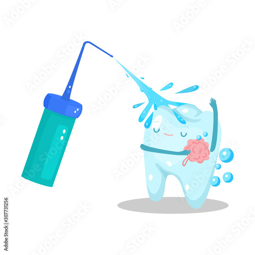 Healthy happy tooth holding washcloth washing in shower vector illustration