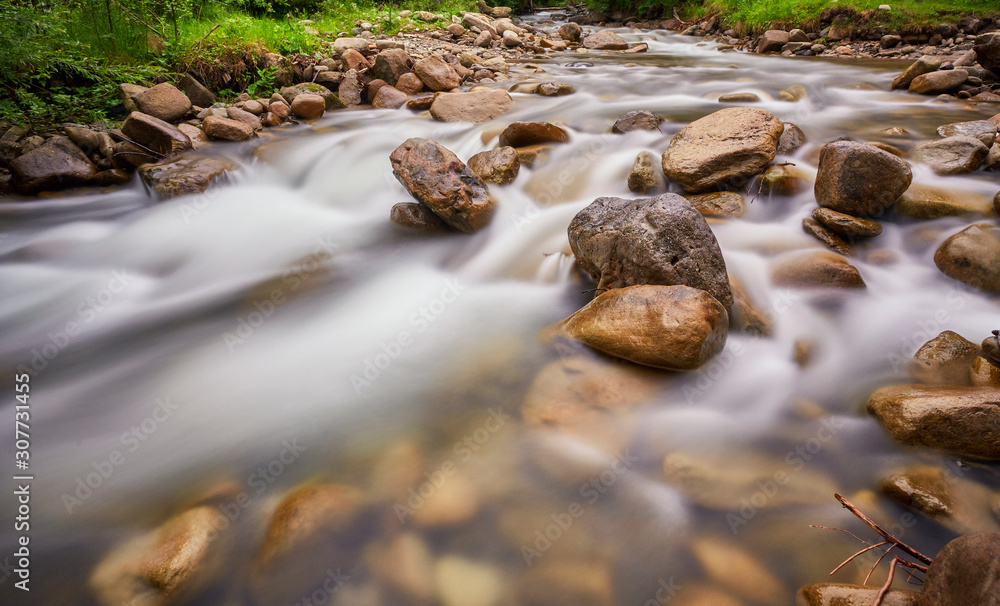 Obraz premium River deep in mountain forest.