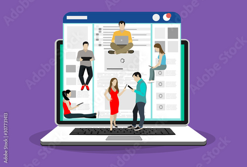 Networks webpage concept vector illustration of young people using mobile gadgets such as laptop, digital tablet and smartphone for social networks, news and sharing. Flat people sitting on web page