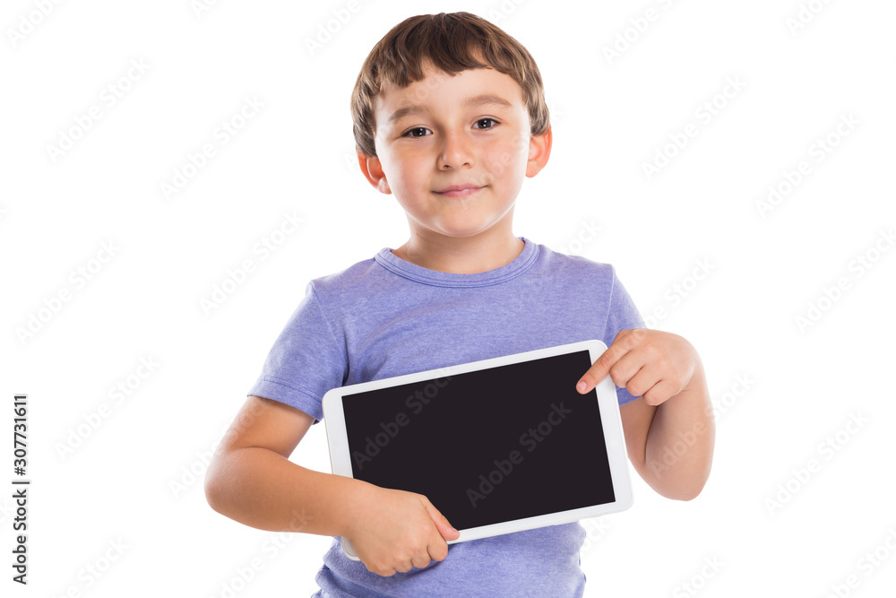 Young boy child pointing at tablet computer information marketing ad advertising isolated on white Young boy child pointing at tablet computer information marketing ad advertising isolated on white