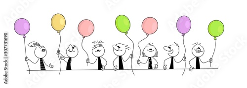 Doodle stick figure: Happy People with balloons.