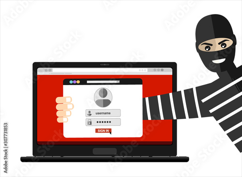 Thief hacker in mask stealing passwords from laptop. anti phishing and internet viruses concept. Cartoon Vector Illustration.