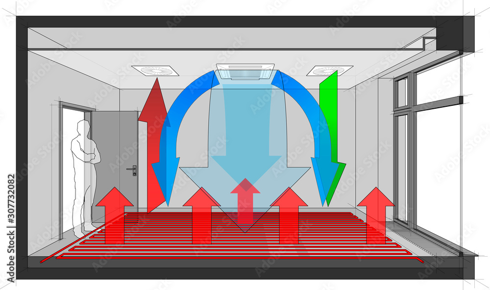 Diagram of a room with french window ventilated and cooled by ceiling