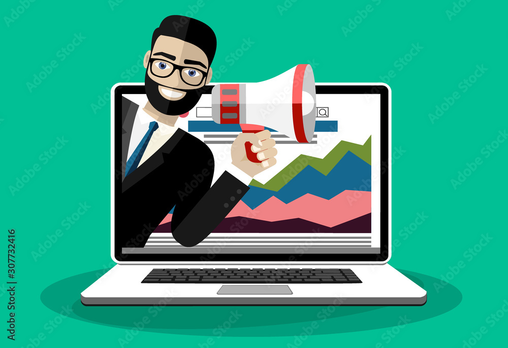 Man holding megaphone coming out from laptop. Email marketing, internet advertising concepts. Flat vector illustration. Man holding megaphone coming out from laptop. Email marketing, internet advertising concepts. Flat vector illustration.