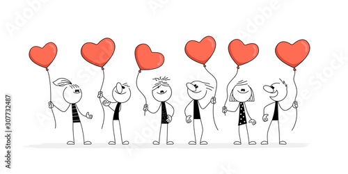 Doodle stick figure: Little people with with heart shaped balls.