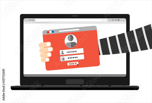 Thief hacker in mask stealing passwords from laptop. anti phishing and internet viruses concept. Cartoon Vector Illustration.