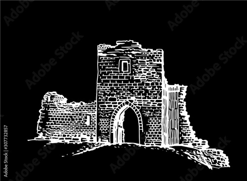 Graphical sketch of Kremenets Castle isolated on black background, vector engraved  illustration, Ternopil oblast,Ukraine