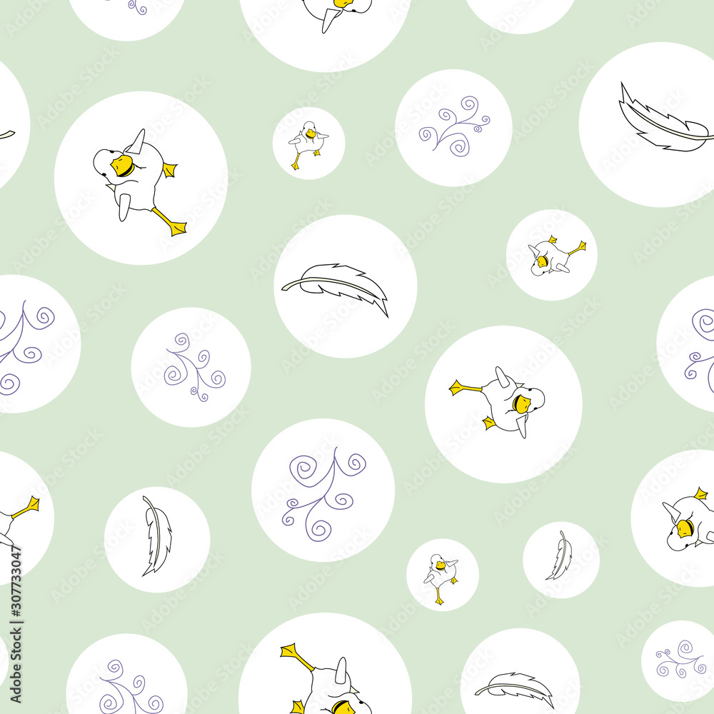 Duck in circles, running, doodles and feathers, seamless repeat vector, surface pattern desing