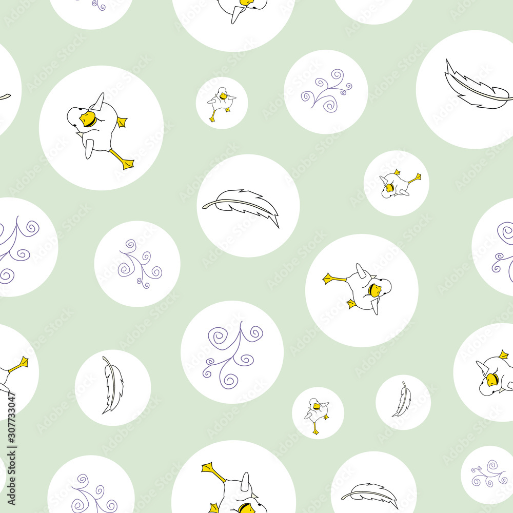 Duck in circles, running, doodles and feathers, seamless repeat vector, surface pattern desing Duck in circles, running, doodles and feathers, seamless repeat vector, surface pattern desing