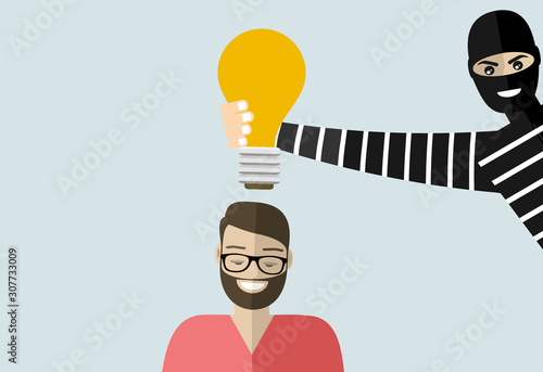 Thief stolen light bulb of idea. Steal idea concept. Cartoon Vector Illustration.