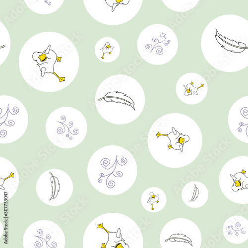 Duck in circles, running, doodles and feathers, seamless repeat vector, surface pattern desing © Meg Marchiando