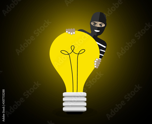 Thief stolen light bulb of idea. Steal idea concept. Cartoon Vector Illustration.