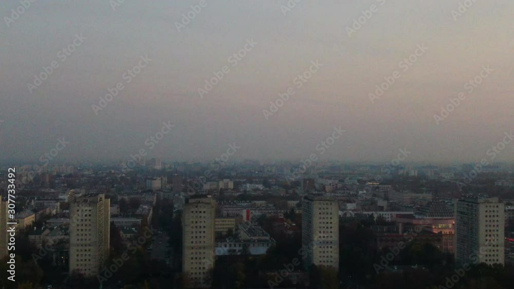 Truck left drone aerial view of Warsaw city capitol of Poland. Truck left drone aerial view of Warsaw city capitol of Poland.
