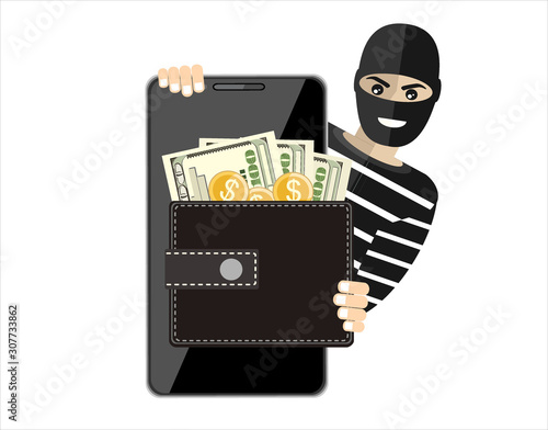 Cyber thief, internet scammer. Thief steals money from online wallet, credit card. Poster for web page, banner, presentation, social media. Flat design vector illustration