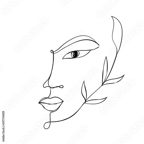 Woman face one line drawing. Design element for beauty logo, card, fashion apparel print. Continious contour of eyes, lips and elegant shapes. Feminine portrait.
