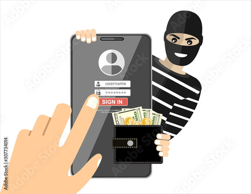 Cyber thief, internet scammer. Thief steals money from online wallet, credit card. Poster for web page, banner, presentation, social media. Flat design vector illustration