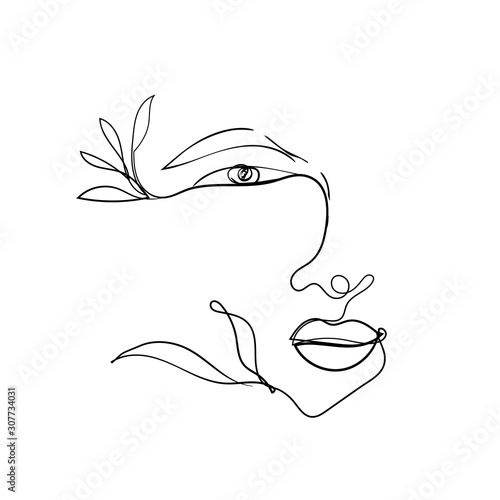 Woman face one line drawing. Design element for beauty logo, card, fashion apparel print. Continious contour of eyes, lips and elegant shapes. Feminine portrait.