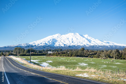 Mount Ruapehu covered in snow on a sunny day