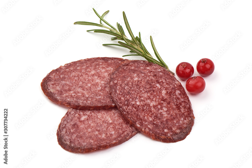 Dried pork sausage slices, isolated on white background Dried pork sausage slices, isolated on white background