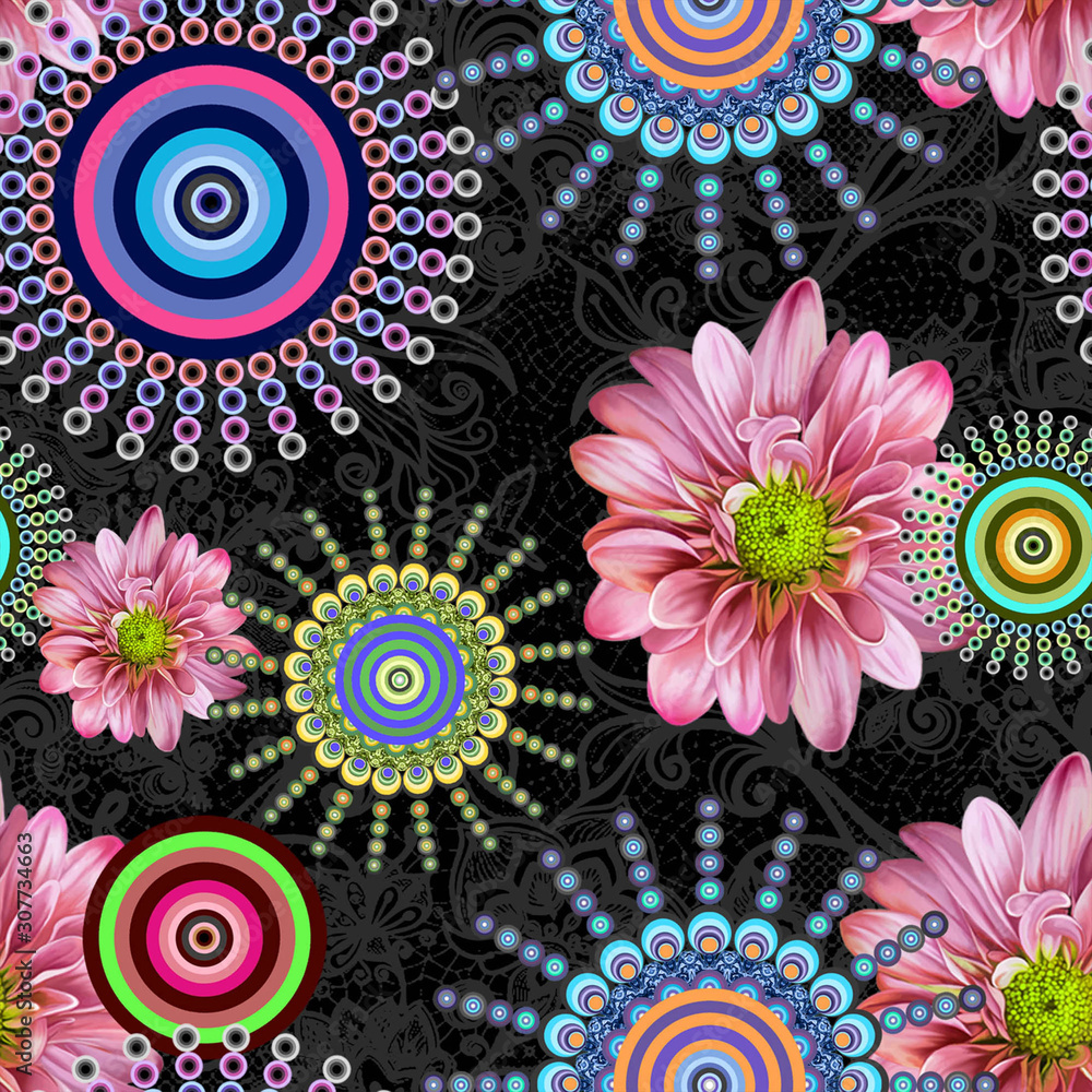 Fototapeta premium Pink flowers pattern with traditional geometric shapes on grey floral background. Seamless fashion design. - illustration