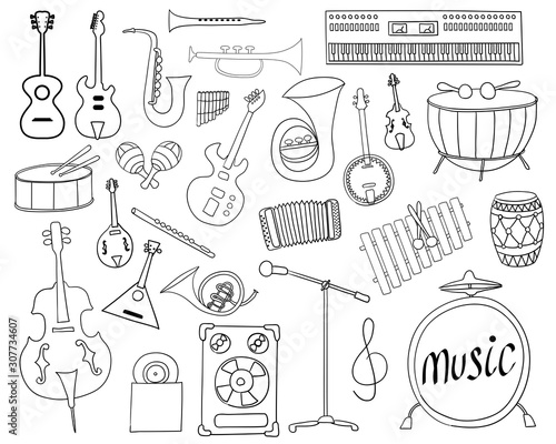 Primitive drawings of musical instruments. Isolated objects on a white background