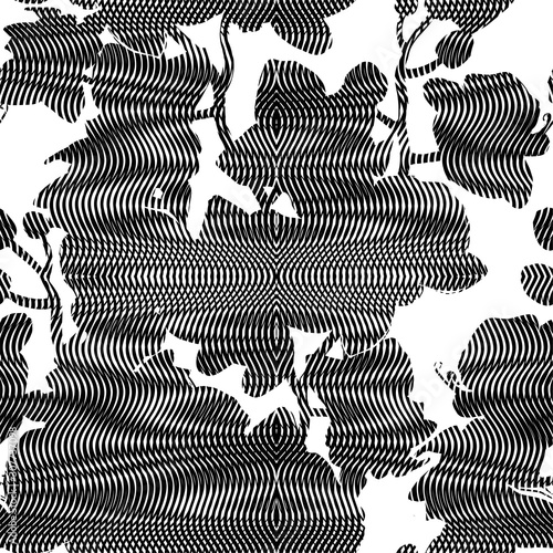 Black and white exotic seamless pattern with textured silhouettes of elegant flowers and stalks isolated on white. Contemporary art with reticulated, tulle and moire effect. Stock textile composition.