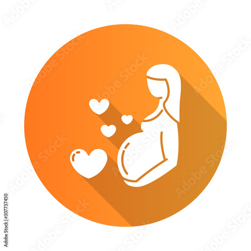 Pregnancy care orange flat design long shadow glyph icon. Prenatal period. Motherhood. Expecting baby, child. Medical procedure. Clinical professional treatment. Vector silhouette illustration