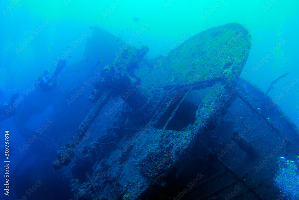 Scuba diving to wreck propellor on bottom of the ocean.