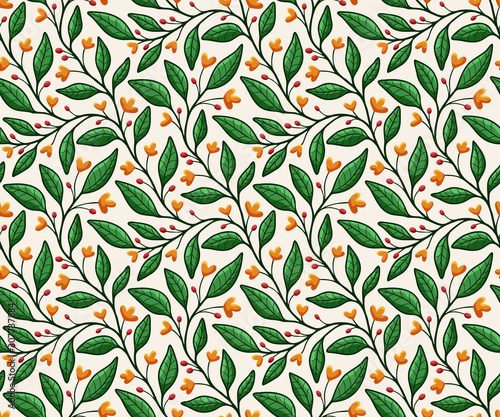 Garden floral vines and leaves seamless vector pattern, in orange and green on light background