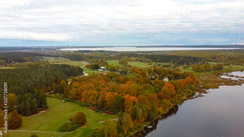 Doles Sala is the Second Largest Island in Latvia. This is a Peninsula in the Daugava River, Near the Borders of Riga. Aerial Dron Shoot. Sunny Autumn Day.