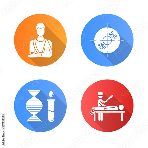Medical procedure flat design long shadow glyph icons set. Orthopedic cast. Fractured bone aid. Immunotherapy. Genetic test. DNA, molecules. Autopsy. Death cause. Vector silhouette illustration
