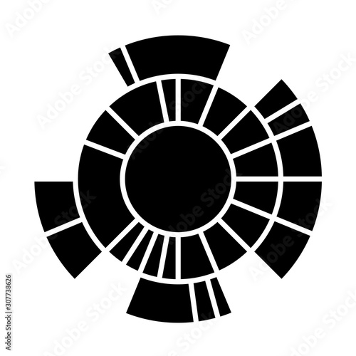 Sunburst diagram glyph icon. Radial chart. Round information presentation graph. Hierarchy visualization. Data connection visualization. Silhouette symbol. Negative space. Vector isolated illustration