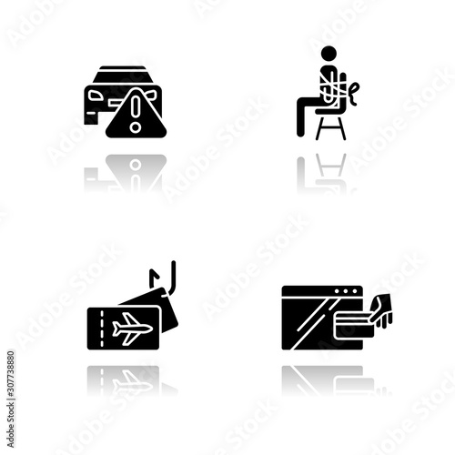 Scam types drop shadow black glyph icons set. Car rental, online purchase fraudulent scheme. Kidnap, travel trick. Cybercrime. Financial scamming. Illegal money gain. Isolated vector illustrations