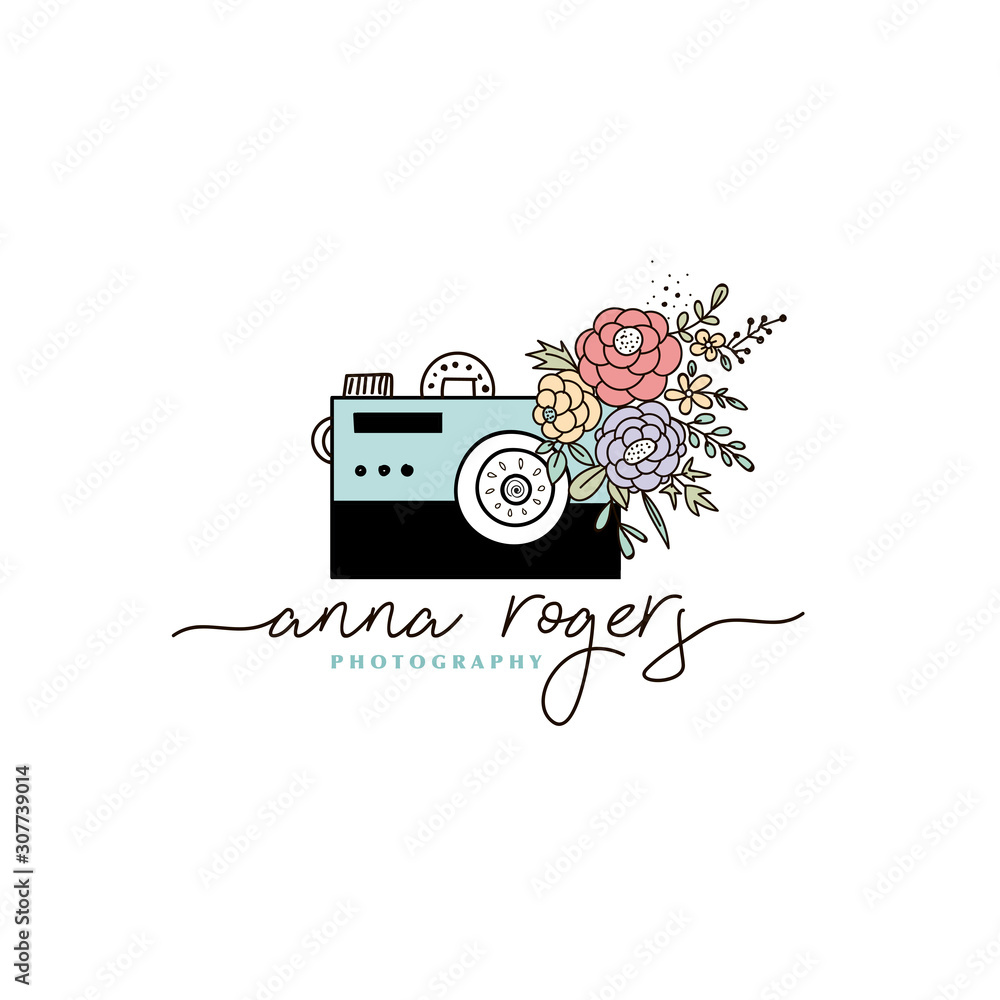 Logo template with flower and photo camera. Premade logotypes for