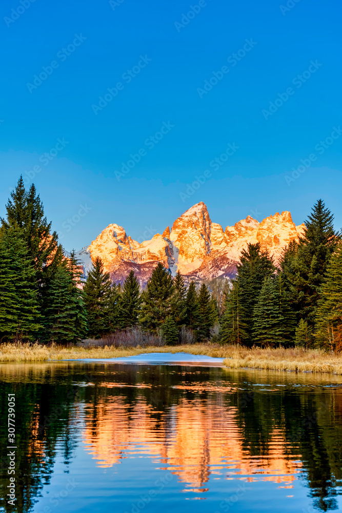Morning Light on Mountains, Forest, Lake, River