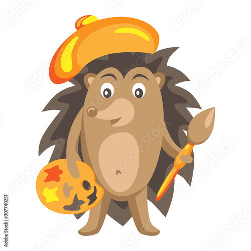 Animals and professions. Educational materials. Hedgehog artist. Color vector image