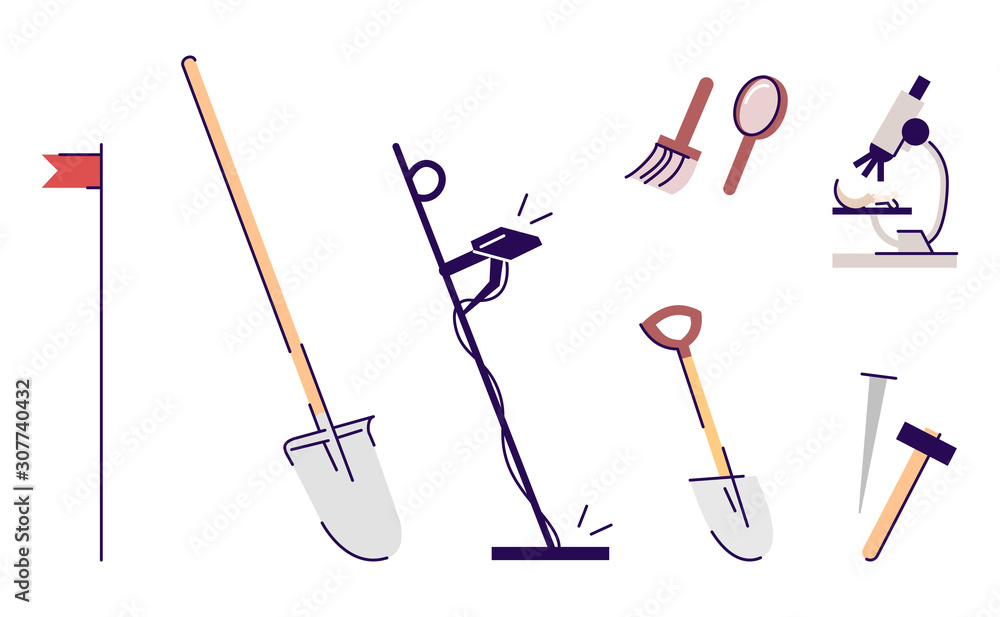 Archaeologist tools flat vector illustrations set. Treasure hunter