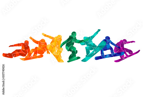 Snowboard, snowboarders, snowboarding extreme winter sport people silhouettes vector illustration, riding a board, tricks