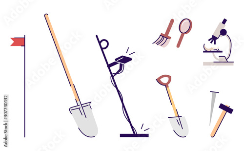 Archaeologist tools flat vector illustrations set. Treasure hunter equipment. Flag, spade, metal detector, sapper shovel, brush and magnifier, microscope, hammer and chisel on white background