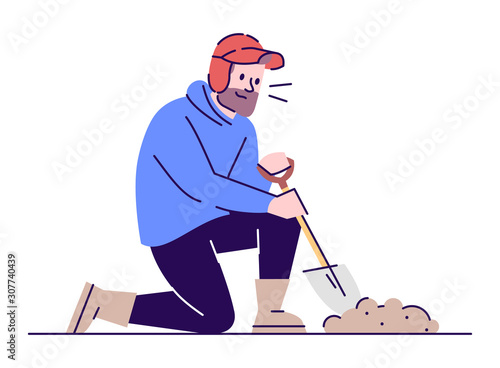 Digging archaeologist flat vector illustration. Archeological research. Treasure hunter in working process. Caucasian bearded man with sapper shovel cartoon character with outline on white background