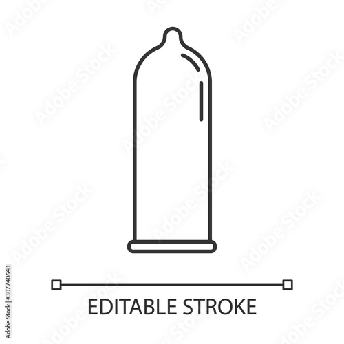 Contraceptive linear icon. Male latex condom. Rubber preservative for safe sex. Pregnancy prevention. Thin line illustration. Contour symbol. Vector isolated outline drawing. Editable stroke