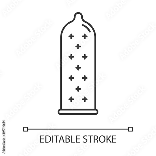 Contraceptive linear icon. Female latex reusable condom with dots. Pregnancy prevention. Safe sex. Thin line illustration. Contour symbol. Vector isolated outline drawing. Editable stroke