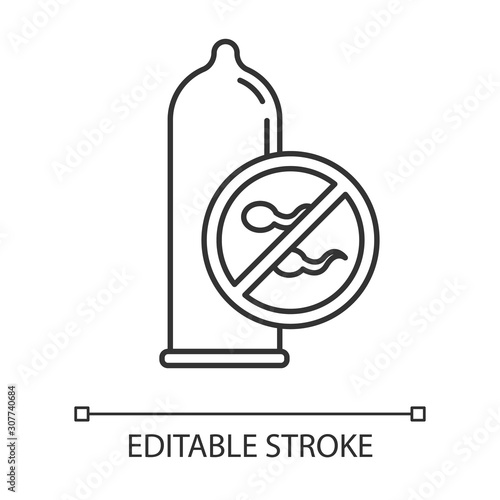 Condom linear icon. Male latex contraceptive. Sperm block. Pregnancy prevention. Safe sex. STI protection. Thin line illustration. Contour symbol. Vector isolated outline drawing. Editable stroke
