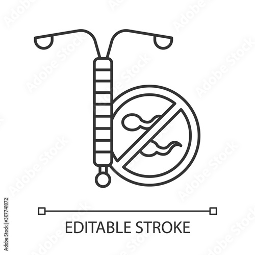 Intrauterine device linear icon. Vaginal coil. Preservative, contraceptive. Pregnancy prevention. Safe sex. Thin line illustration. Contour symbol. Vector isolated outline drawing. Editable stroke