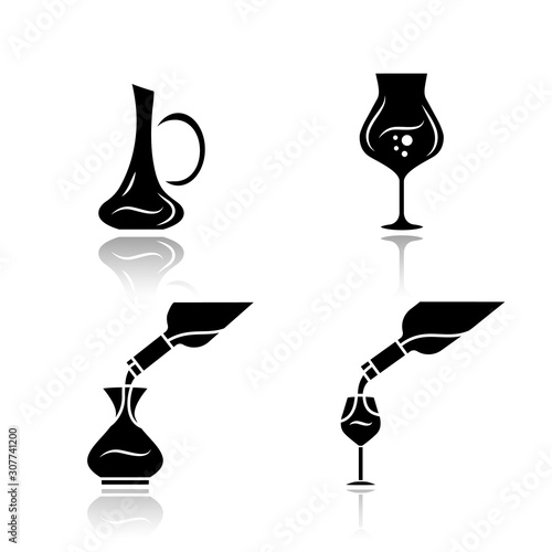 Wine service drop shadow black glyph icons set. Alcohol beverage pouring in glass. Wineglasses, decanters. Different types of bar, restaurant aperitif drinks. Isolated vector illustrations