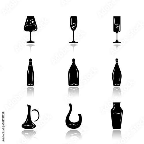Winery glassware drop shadow black glyph icons set. Different types of wine. Decanters, bottles, glasses. Aperitif drinks, cocktails, alcohol beverages. Isolated vector illustrations