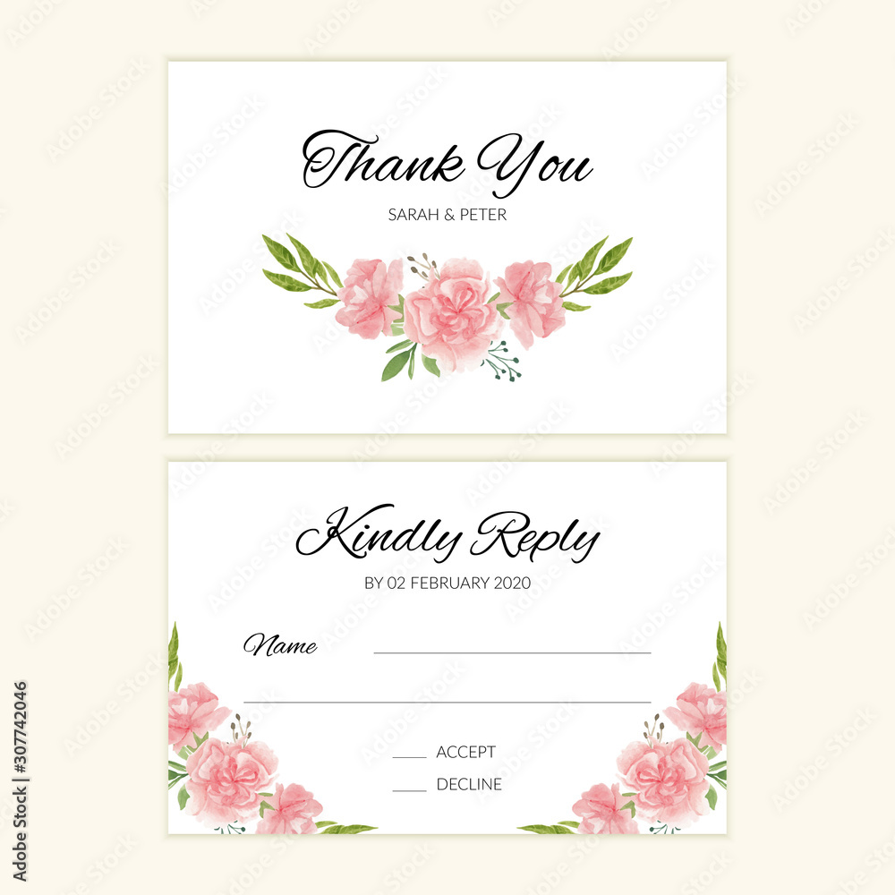 Wedding RSVP card template with watercolor pink flower bouquet