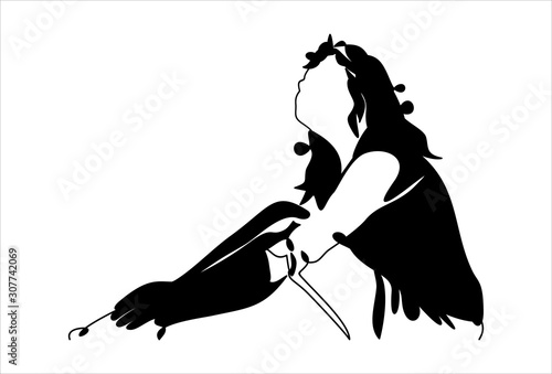 Beautiful young woman sitting on the floor and looking up. illustration.